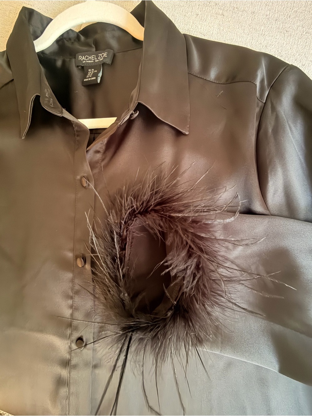 Rachel Zoe Black Satin Button-Front Top with Feather Cuffs - Picture 4 of 5